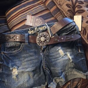 Wallflower Blue Denim Shorts with Decorative Brown Belt